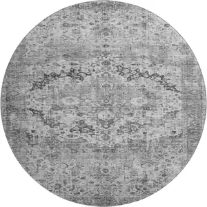 Photo of 8' Gray And Silver Oriental Washable Round Rug With UV Protection