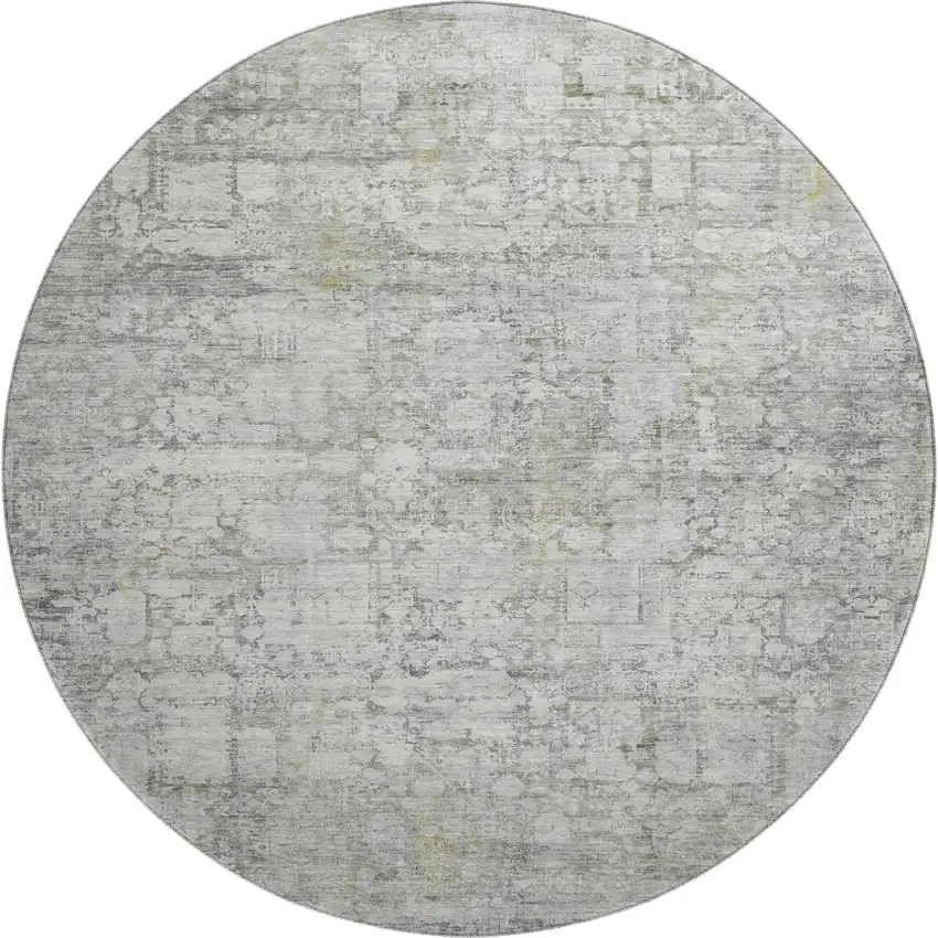 8' Gray And Silver Oriental Washable Round Rug With UV Protection Photo 1