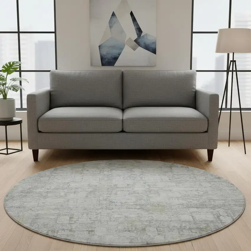 8' Gray And Silver Oriental Washable Round Rug With UV Protection Photo 2