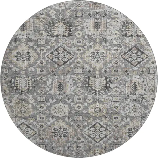 8' Gray And Silver Oriental Washable Round Rug With UV Protection Photo 1