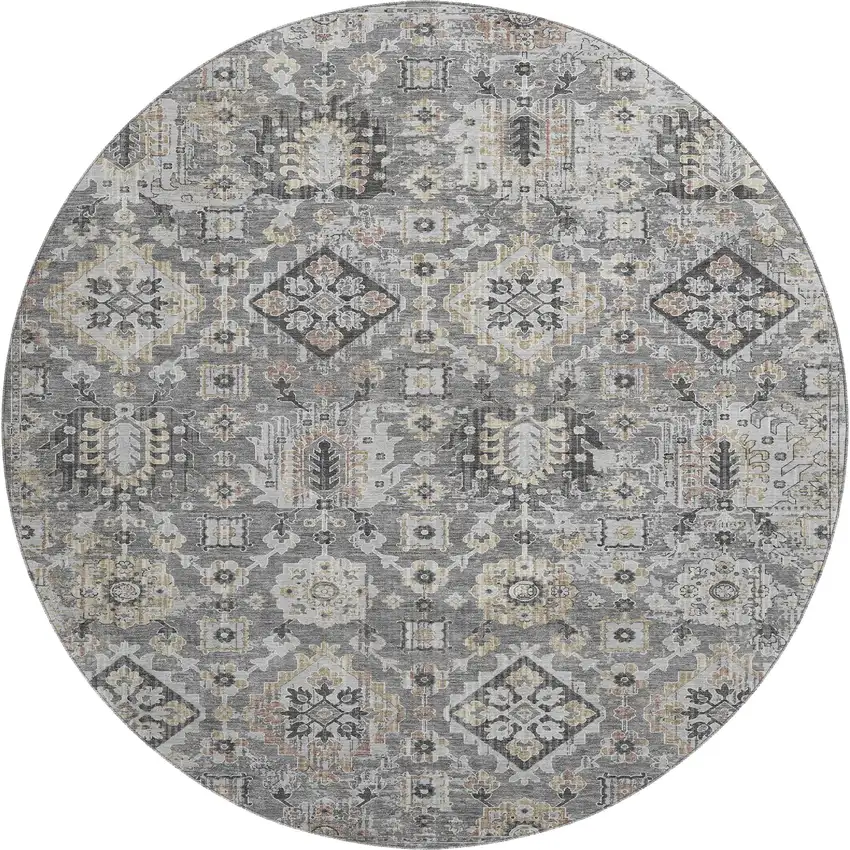 8' Gray And Silver Oriental Washable Round Rug With UV Protection Photo 1