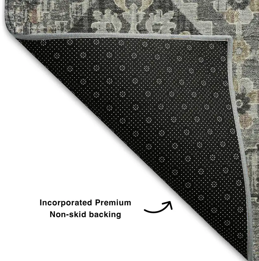 8' Gray And Silver Oriental Washable Round Rug With UV Protection Photo 6