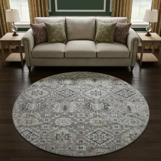 8' Gray And Silver Oriental Washable Round Rug With UV Protection Photo 2