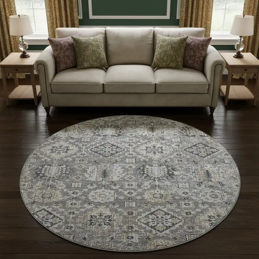 8' Gray And Silver Oriental Washable Round Rug With UV Protection Photo 2