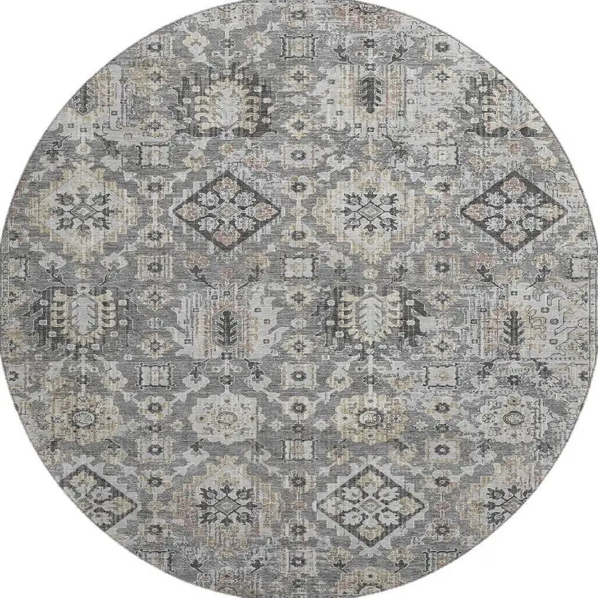 8' Gray And Silver Oriental Washable Round Rug With UV Protection Photo 4