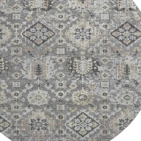 8' Gray And Silver Oriental Washable Round Rug With UV Protection Photo 3