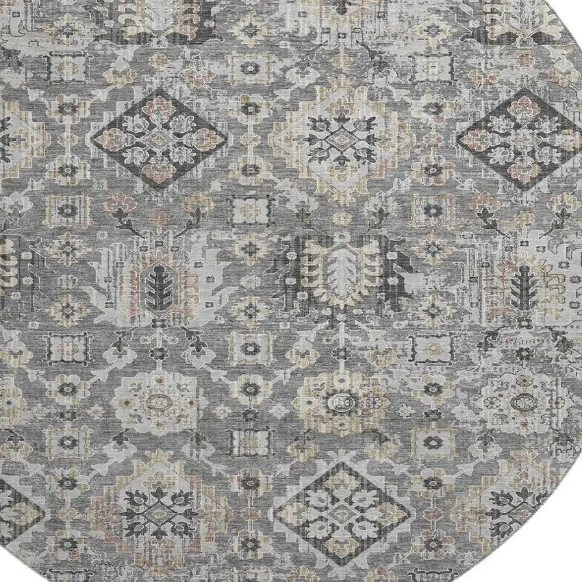 8' Gray And Silver Oriental Washable Round Rug With UV Protection Photo 3