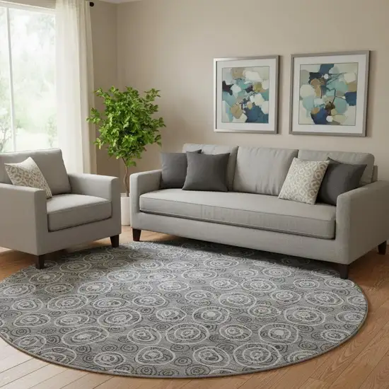 8' Gray And Silver Polka Dot Washable Round Rug With UV Protection Photo 1