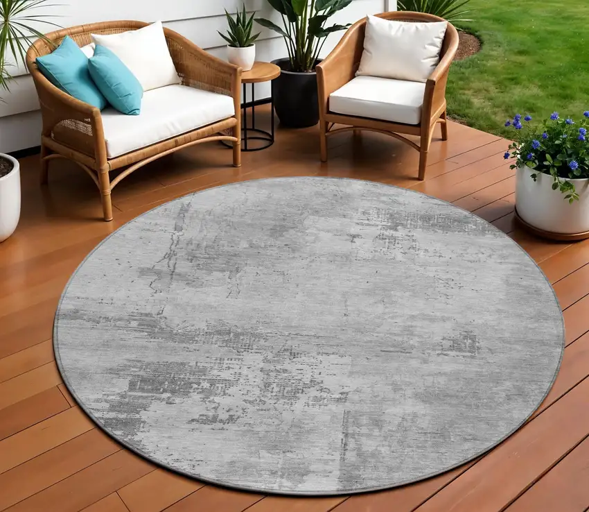 8' Gray And Silver Round Abstract Washable Indoor Outdoor Area Rug Photo 1