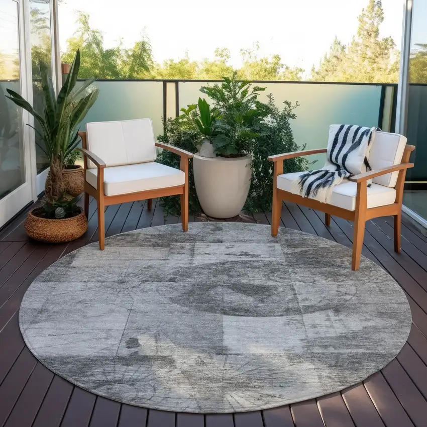 8' Gray And Silver Round Abstract Washable Indoor Outdoor Area Rug Photo 6