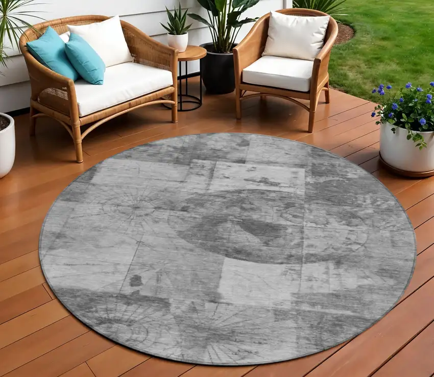 8' Gray And Silver Round Abstract Washable Indoor Outdoor Area Rug Photo 2