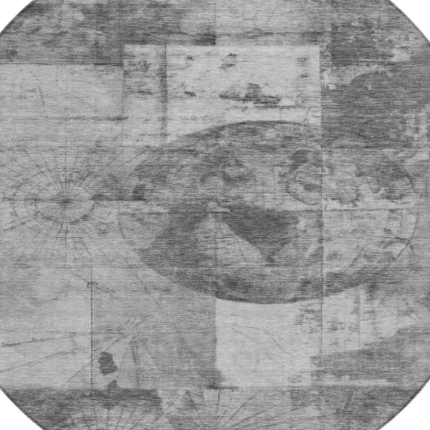 8' Gray And Silver Round Abstract Washable Indoor Outdoor Area Rug Photo 4