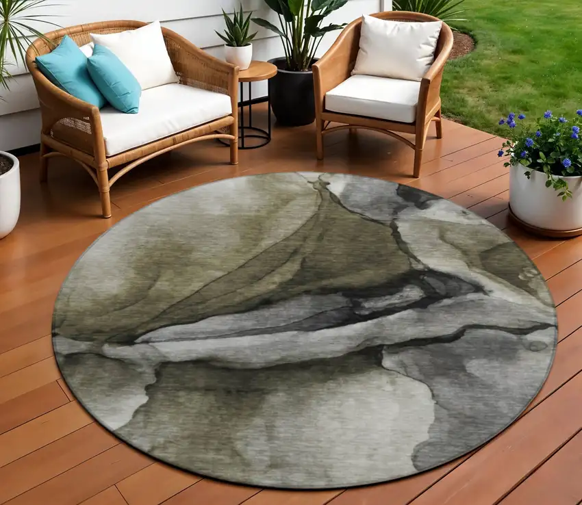 8' Gray And Silver Round Abstract Washable Indoor Outdoor Area Rug Photo 2
