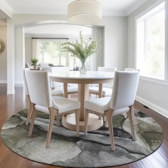 8' Gray And Silver Round Abstract Washable Indoor Outdoor Area Rug Photo 7