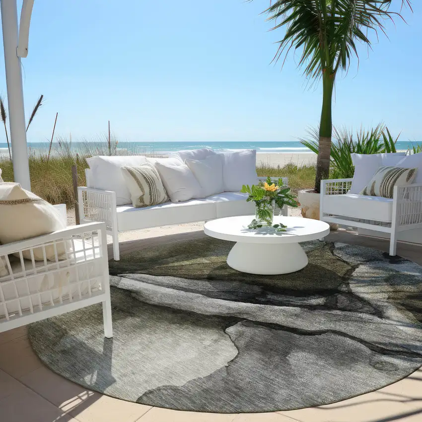 8' Gray And Silver Round Abstract Washable Indoor Outdoor Area Rug Photo 6