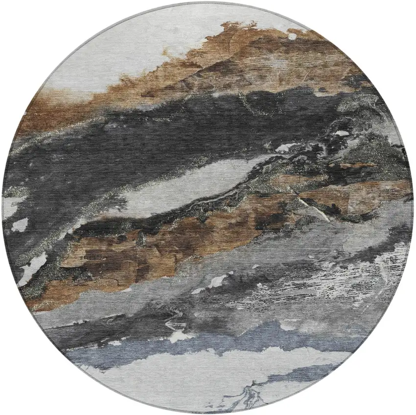 8' Gray And Silver Round Abstract Washable Indoor Outdoor Area Rug Photo 4