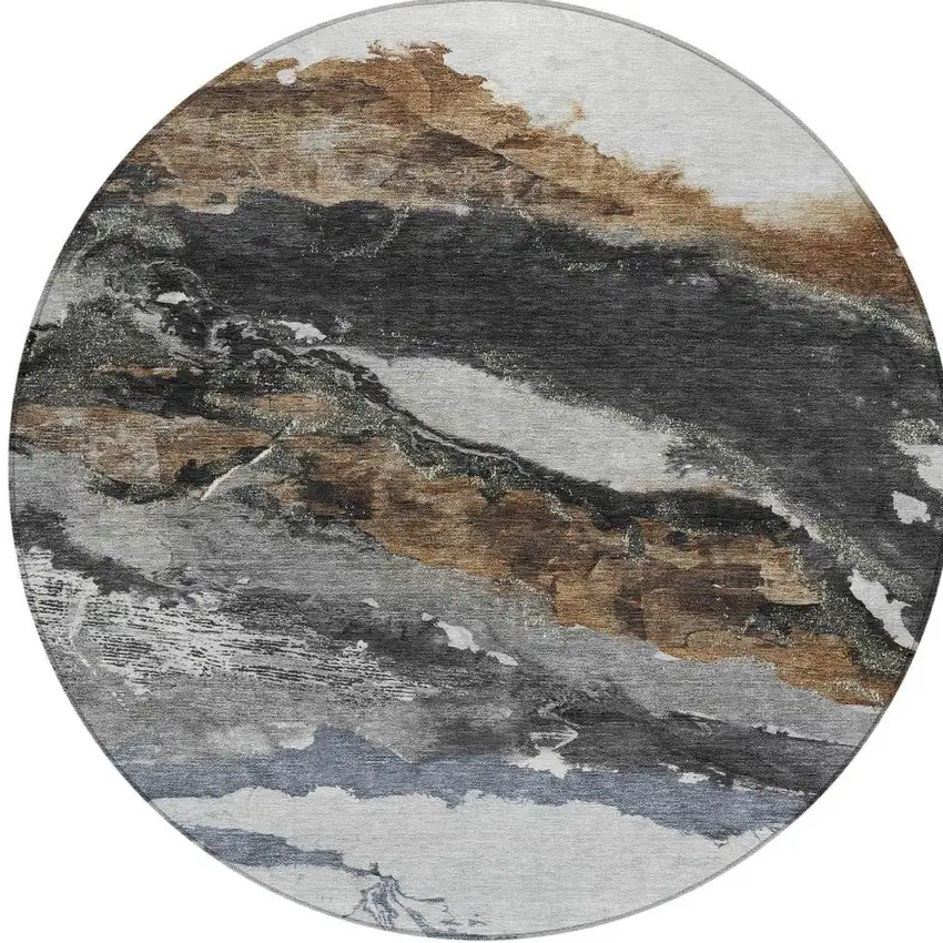 8' Gray And Silver Round Abstract Washable Indoor Outdoor Area Rug Photo 3