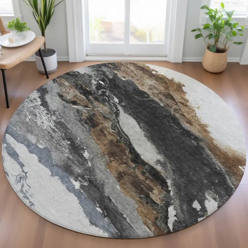 8' Gray And Silver Round Abstract Washable Indoor Outdoor Area Rug Photo 6