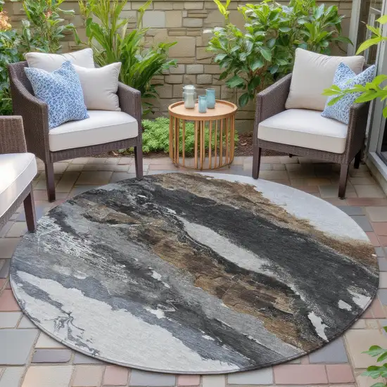 8' Gray And Silver Round Abstract Washable Indoor Outdoor Area Rug Photo 5