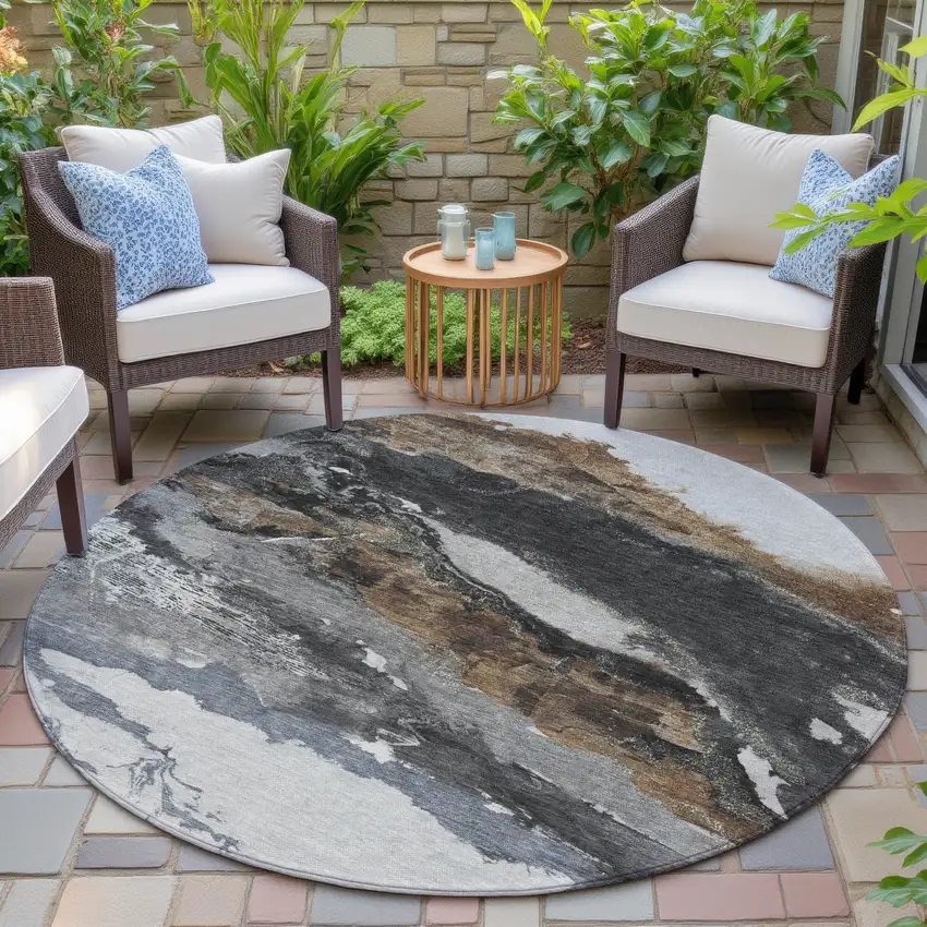 8' Gray And Silver Round Abstract Washable Indoor Outdoor Area Rug Photo 5