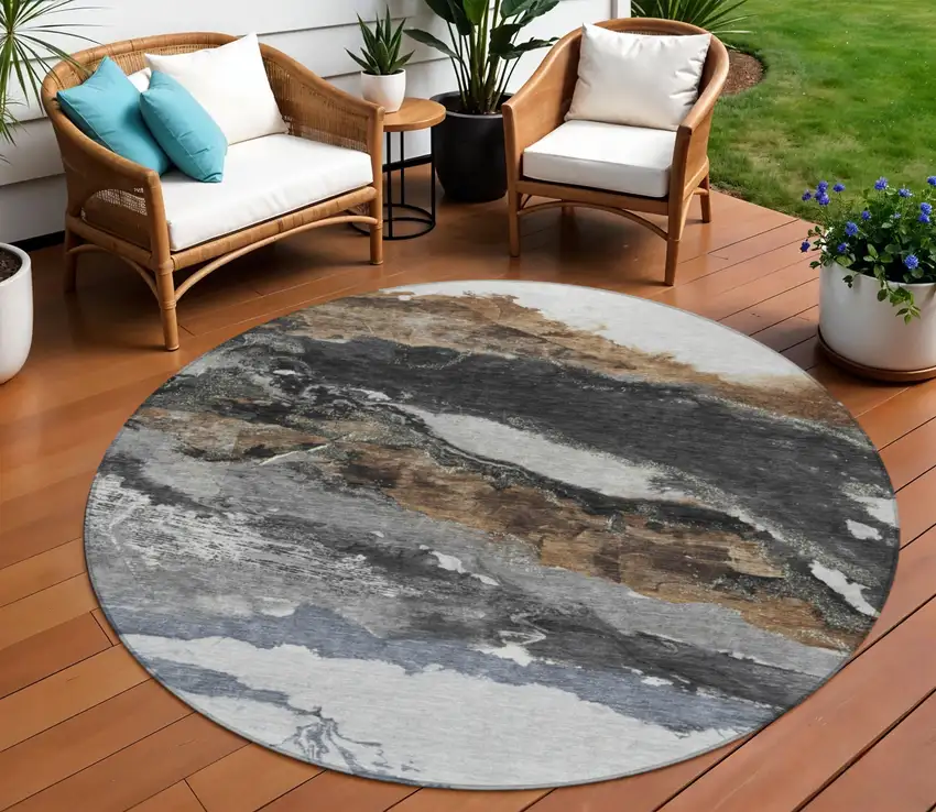 8' Gray And Silver Round Abstract Washable Indoor Outdoor Area Rug Photo 2