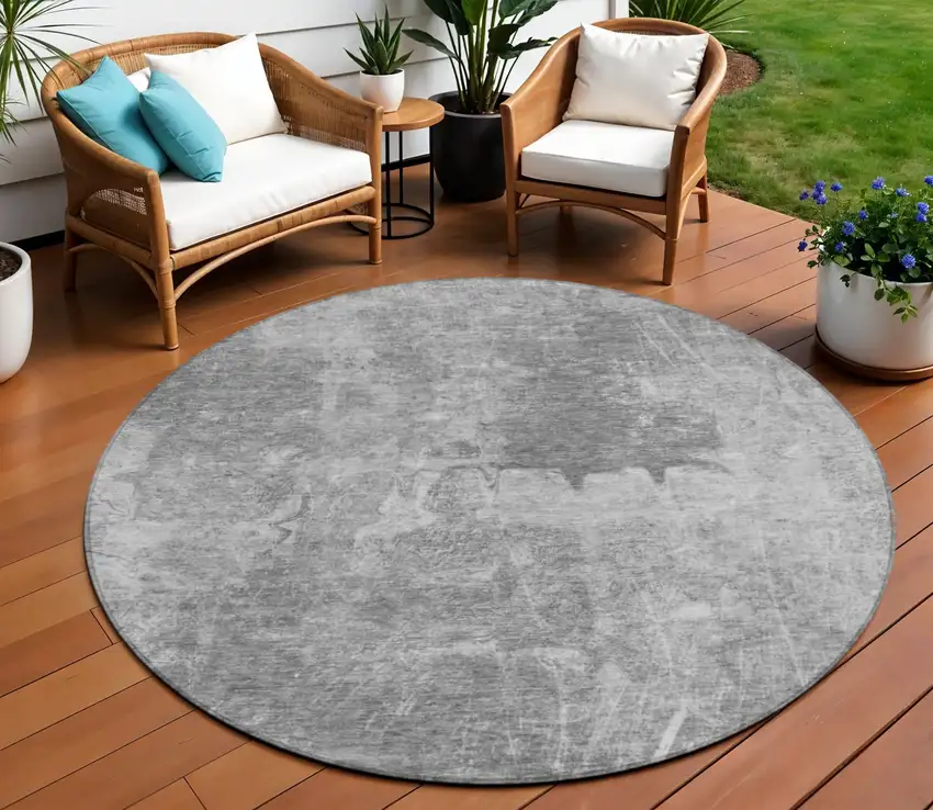 8' Gray And Silver Round Abstract Washable Indoor Outdoor Area Rug Photo 1