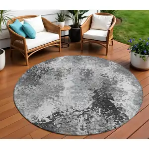 Photo of 8' Gray And Silver Round Abstract Washable Indoor Outdoor Area Rug