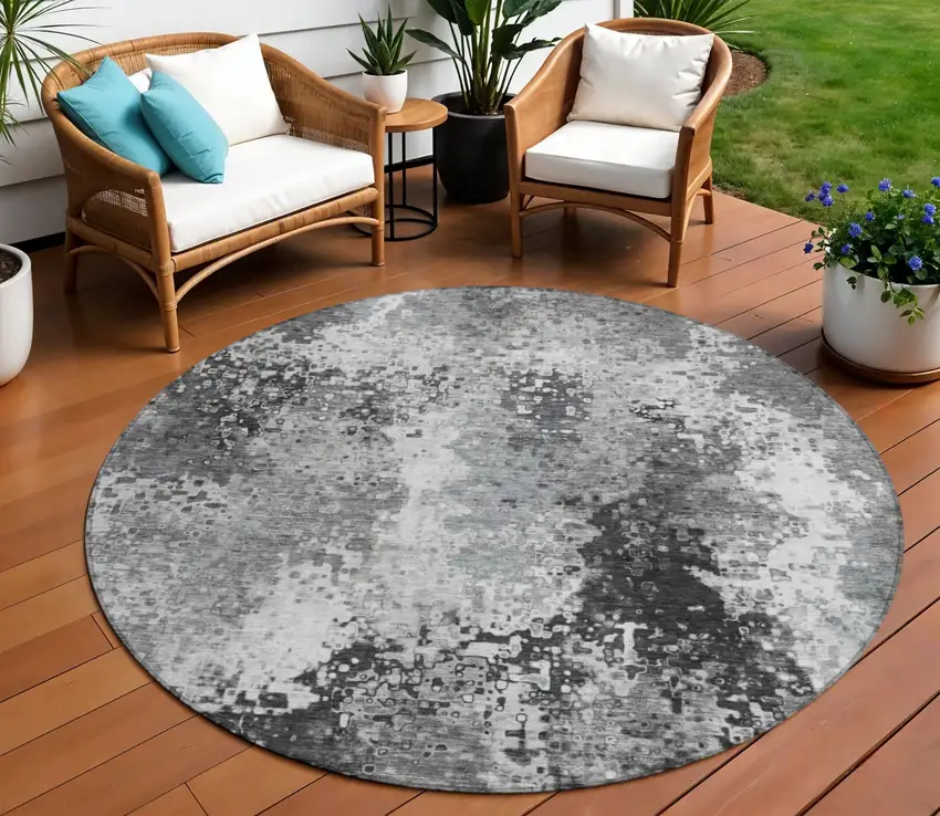 8' Gray And Silver Round Abstract Washable Indoor Outdoor Area Rug Photo 1