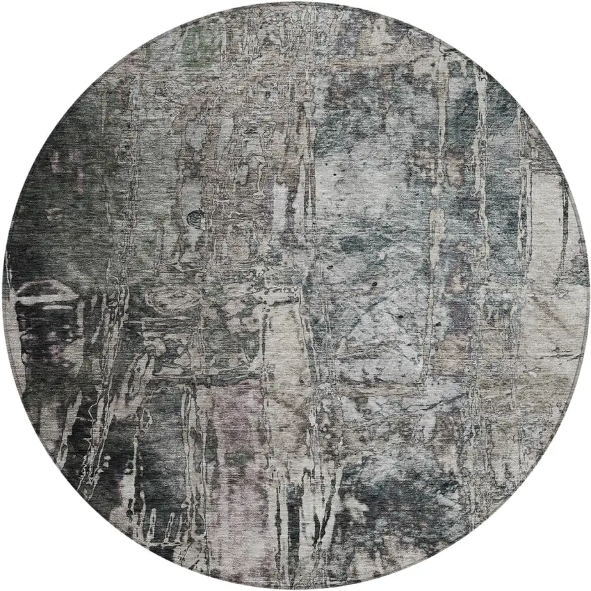 8' Gray And Silver Round Abstract Washable Indoor Outdoor Area Rug Photo 2