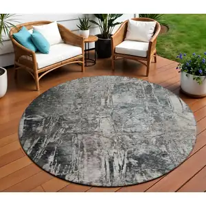 Photo of 8' Gray And Silver Round Abstract Washable Indoor Outdoor Area Rug