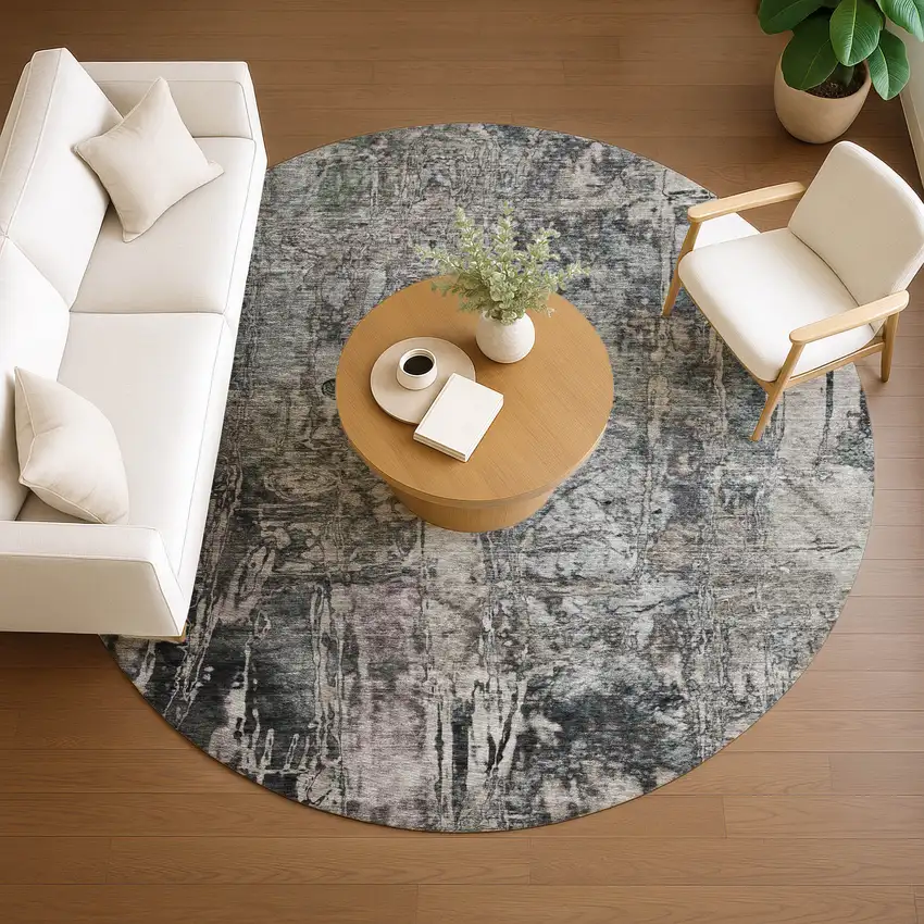 8' Gray And Silver Round Abstract Washable Indoor Outdoor Area Rug Photo 9