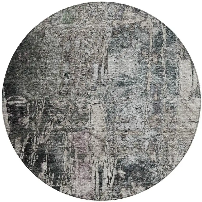 8' Gray And Silver Round Abstract Washable Indoor Outdoor Area Rug Photo 4