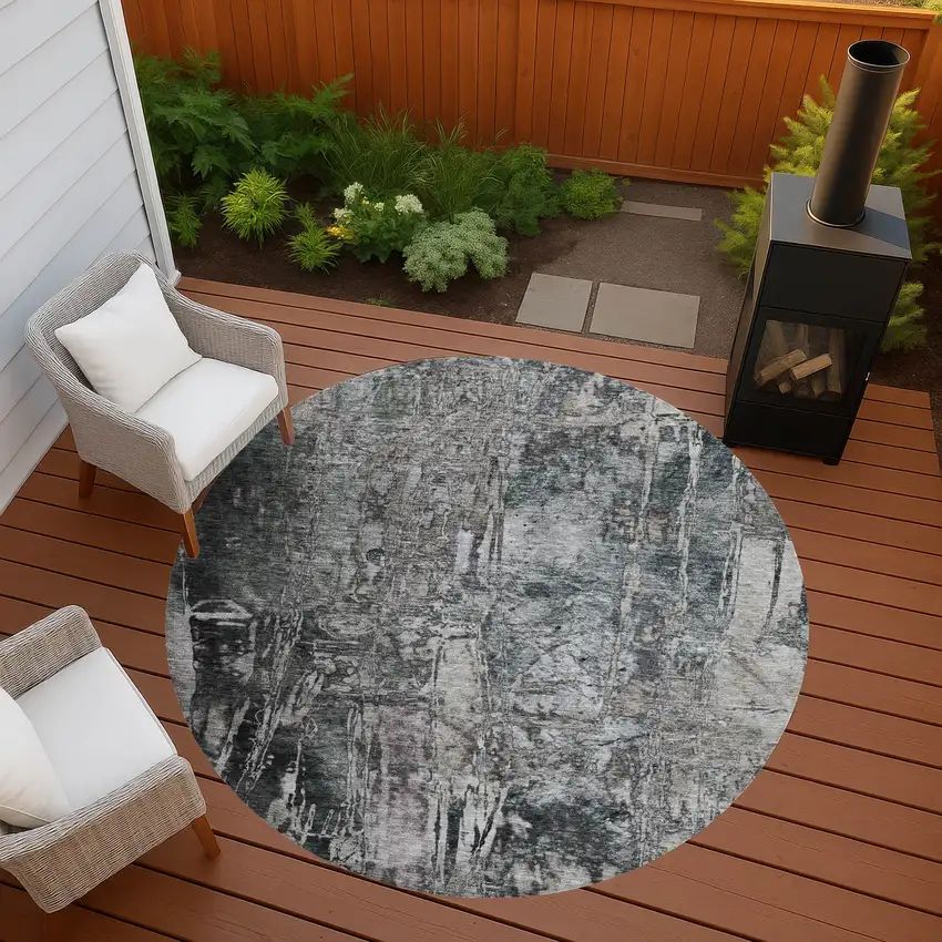 8' Gray And Silver Round Abstract Washable Indoor Outdoor Area Rug Photo 8
