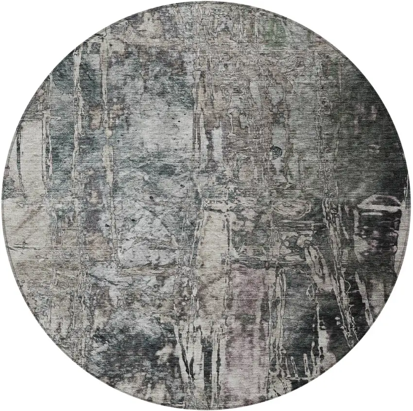 8' Gray And Silver Round Abstract Washable Indoor Outdoor Area Rug Photo 5