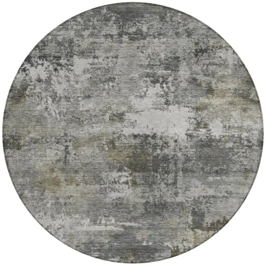 8' Gray And Silver Round Abstract Washable Indoor Outdoor Area Rug Photo 3