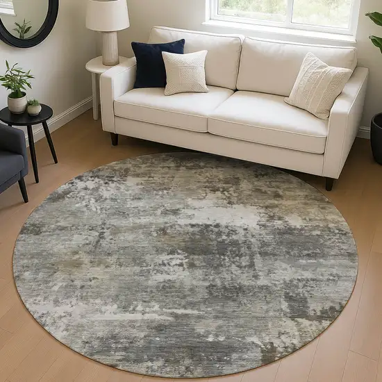 8' Gray And Silver Round Abstract Washable Indoor Outdoor Area Rug Photo 5