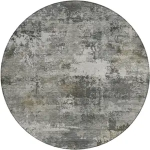 Photo of 8' Gray And Silver Round Abstract Washable Indoor Outdoor Area Rug