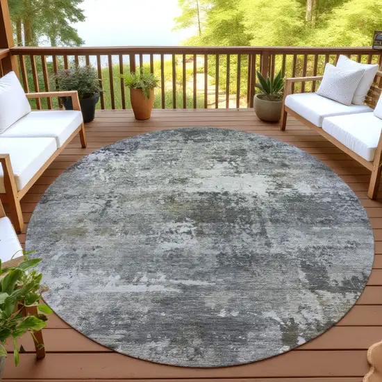 8' Gray And Silver Round Abstract Washable Indoor Outdoor Area Rug Photo 4