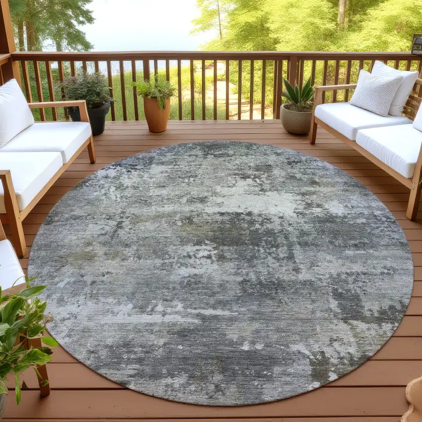 8' Gray And Silver Round Abstract Washable Indoor Outdoor Area Rug Photo 4