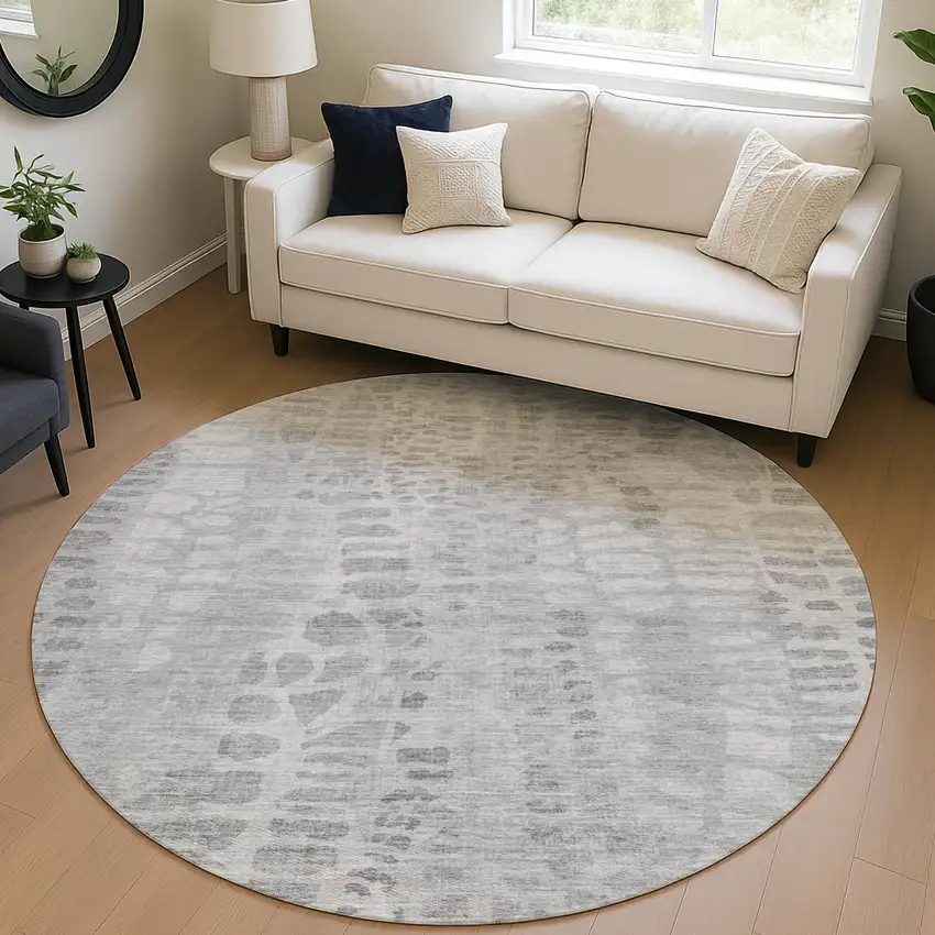 8' Gray And Silver Round Abstract Washable Indoor Outdoor Area Rug Photo 5