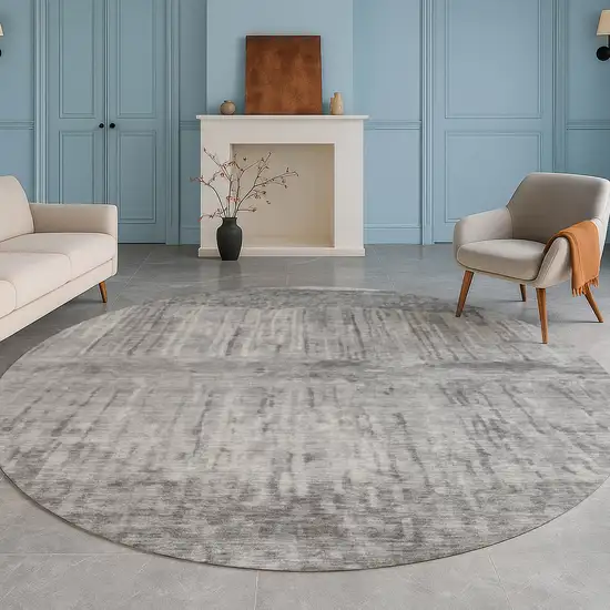 8' Gray And Silver Round Abstract Washable Indoor Outdoor Area Rug Photo 5