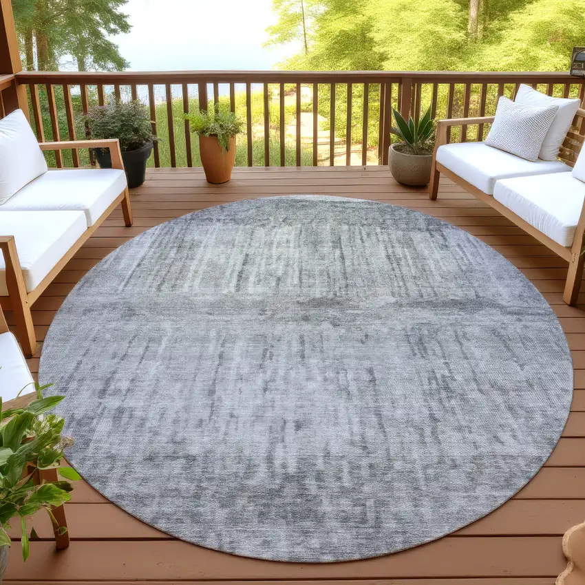 8' Gray And Silver Round Abstract Washable Indoor Outdoor Area Rug Photo 4