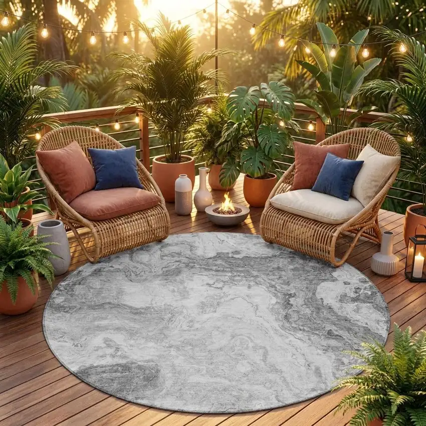 8' Gray And Silver Round Abstract Washable Indoor Outdoor Area Rug Photo 1