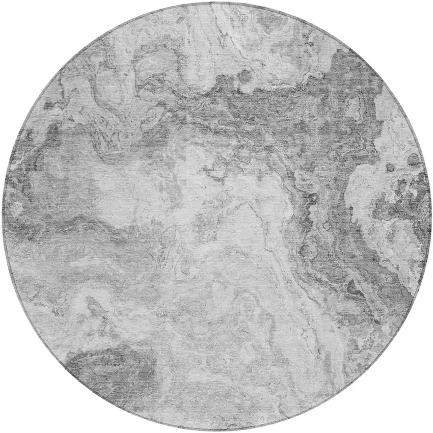 8' Gray And Silver Round Abstract Washable Indoor Outdoor Area Rug Photo 2