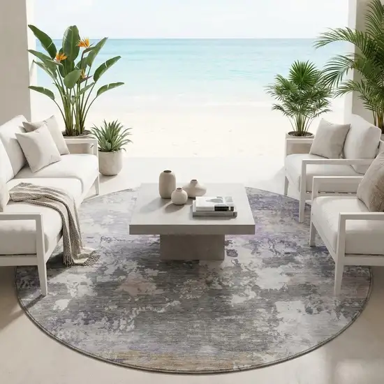 8' Gray And Silver Round Abstract Washable Indoor Outdoor Area Rug Photo 1