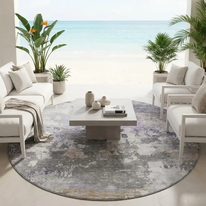 8' Gray And Silver Round Abstract Washable Indoor Outdoor Area Rug Photo 1