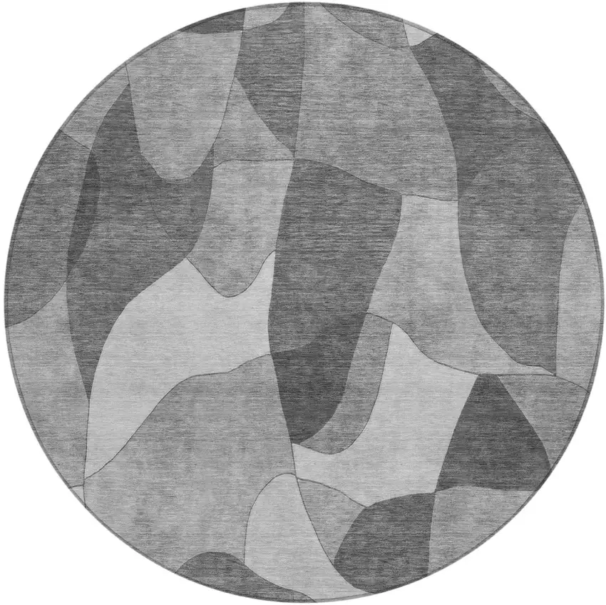 8' Gray And Silver Round Abstract Washable Indoor Outdoor Area Rug Photo 2