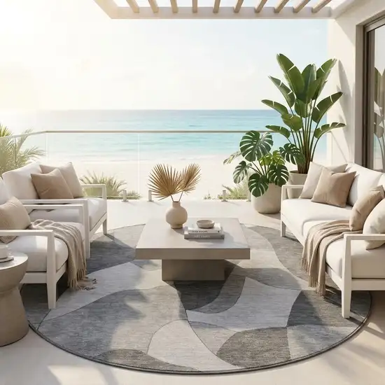 8' Gray And Silver Round Abstract Washable Indoor Outdoor Area Rug Photo 1