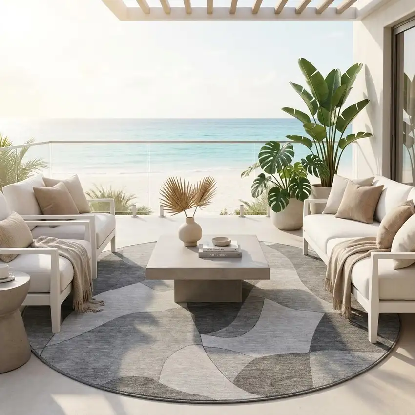 8' Gray And Silver Round Abstract Washable Indoor Outdoor Area Rug Photo 1