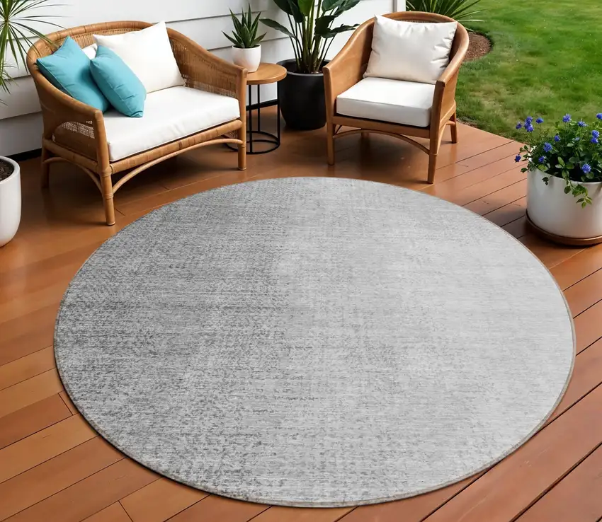 8' Gray And Silver Round Abstract Washable Indoor Outdoor Area Rug Photo 1